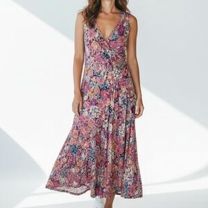 Peruvian Connection Women Maxi Dress L Floral Faux Wrap Party Boho Feminine